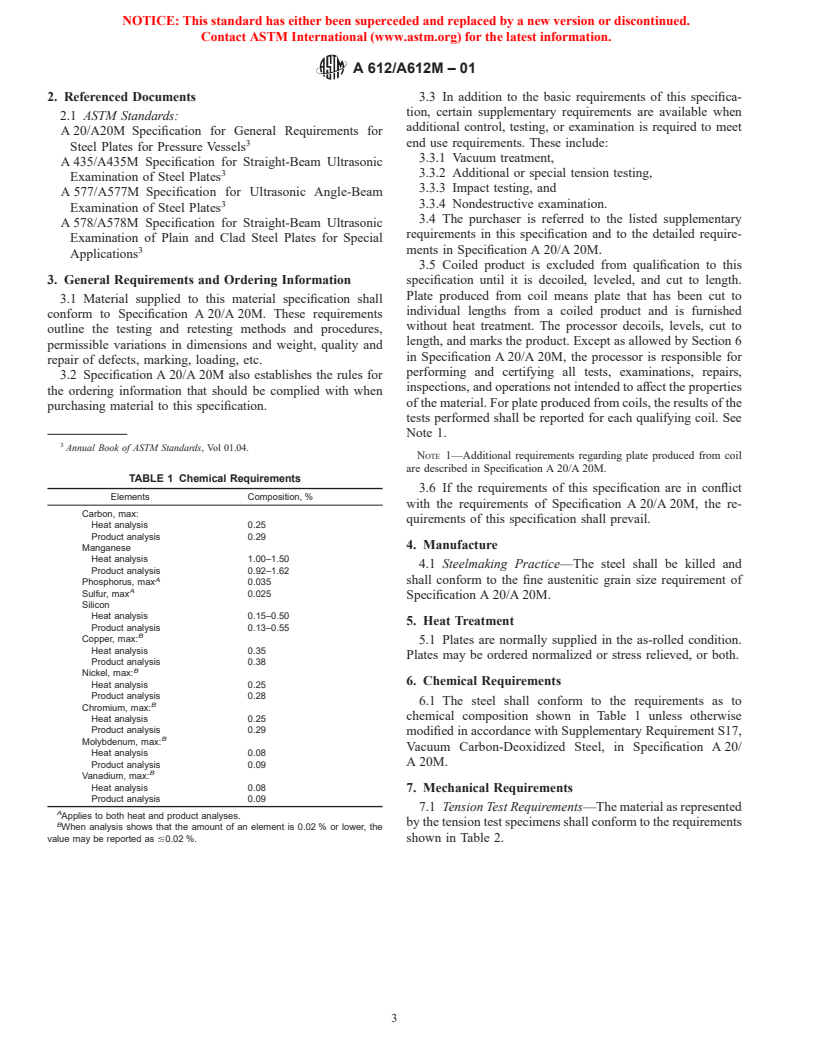 ASTM A612/A612M-01 - Standard Specification for Pressure Vessel Plates, Carbon Steel, High Strength, for Moderate and Lower Temperature Service