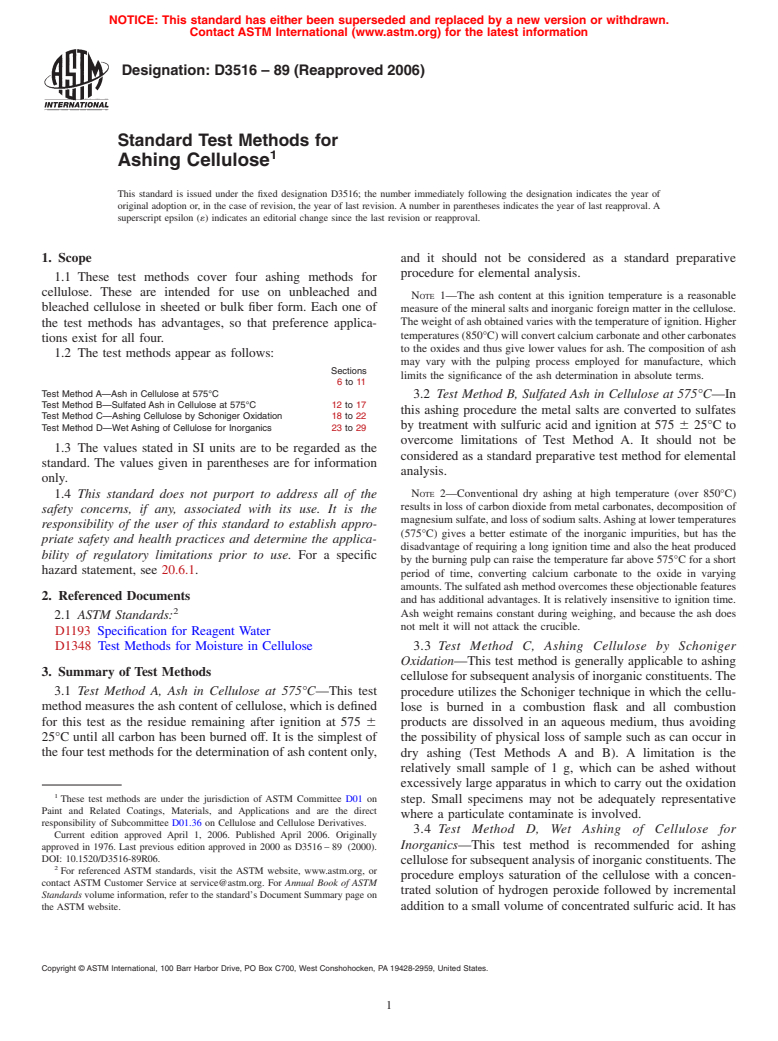 ASTM D3516-89(2006) - Standard Test Methods for Ashing Cellulose