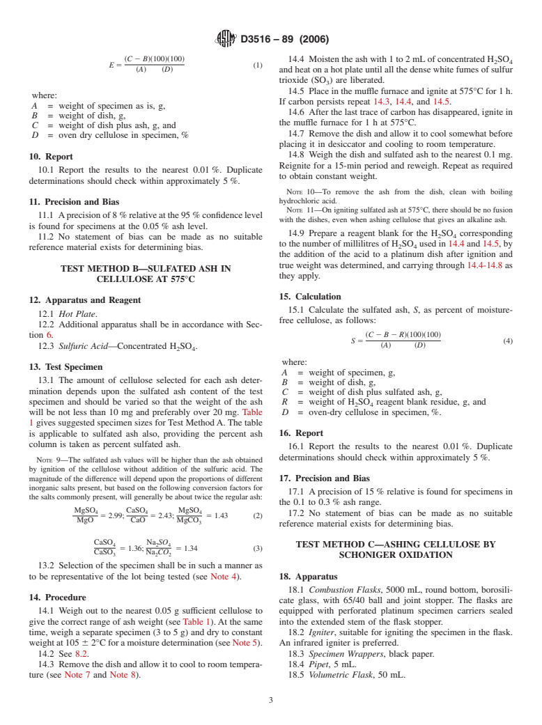 ASTM D3516-89(2006) - Standard Test Methods for Ashing Cellulose