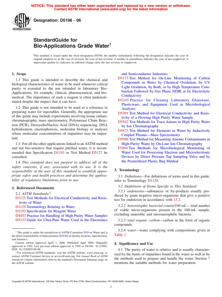 ASTM D5196-06 - Standard Guide for Bio-Applications Grade Water