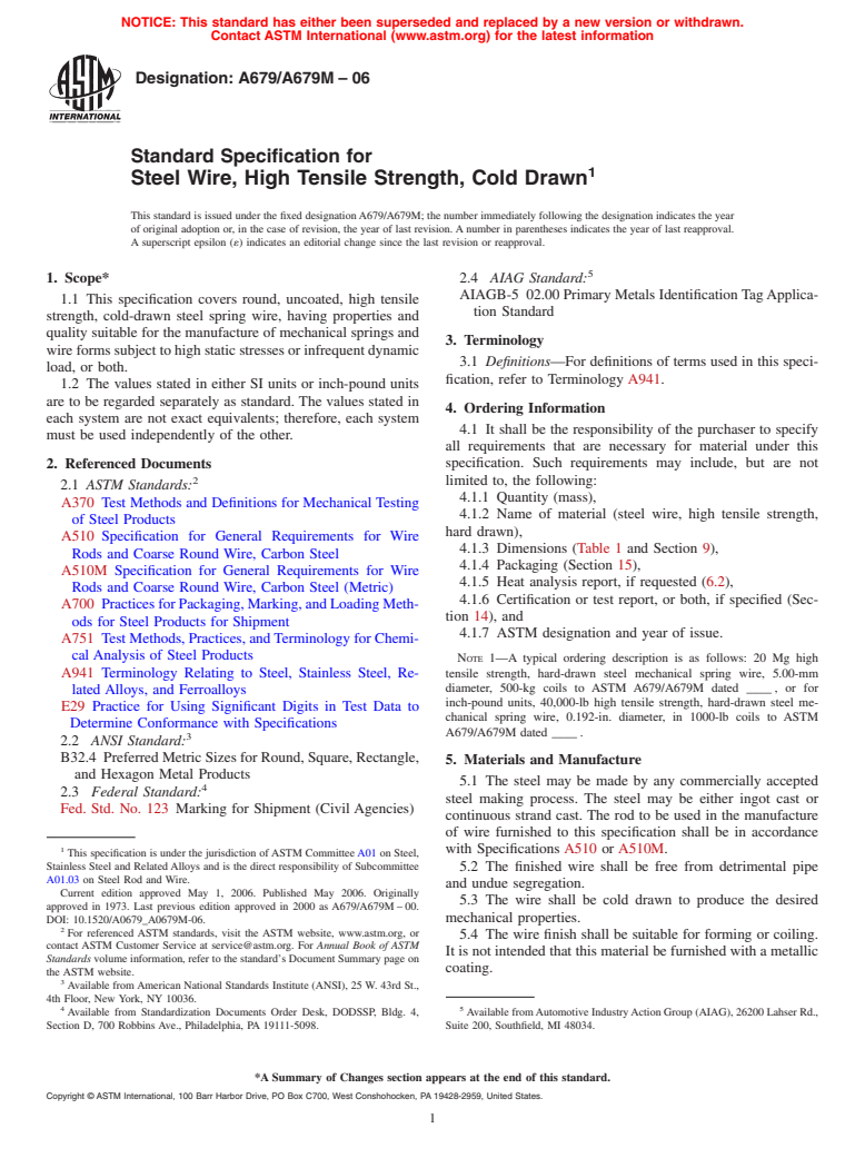 ASTM A679/A679M-06 - Standard Specification for Steel Wire, High Tensile Strength, Cold Drawn