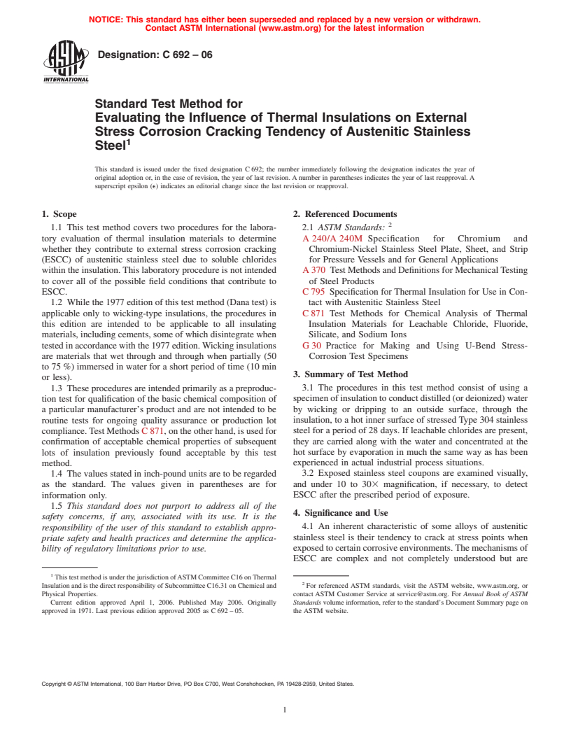 ASTM C692-06 - Standard Test Method for Evaluating the Influence of Thermal Insulations on External Stress Corrosion Cracking Tendency of Austenitic Stainless Steel