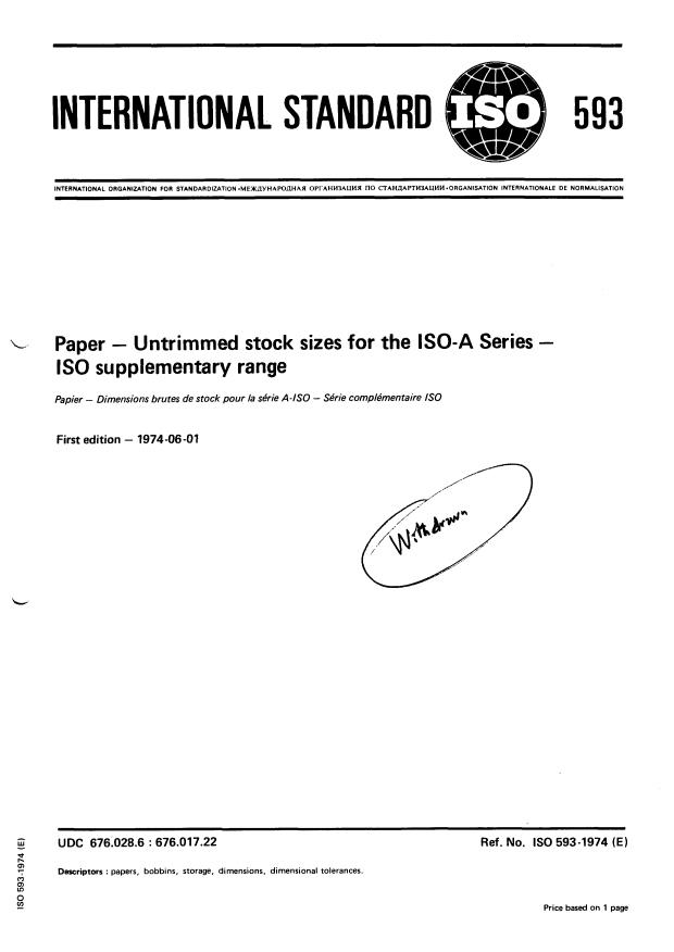 ISO 593:1974 - Paper -- Untrimmed stock sizes for the ISO-A Series -- ISO supplementary range
