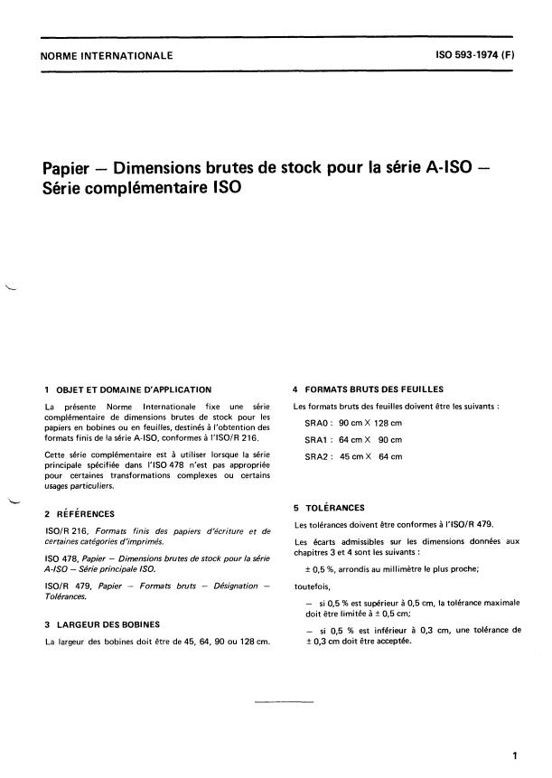 ISO 593:1974 - Papier -- Dimensions brutes de stock pour la série A-ISO -- Série complémentaire ISO