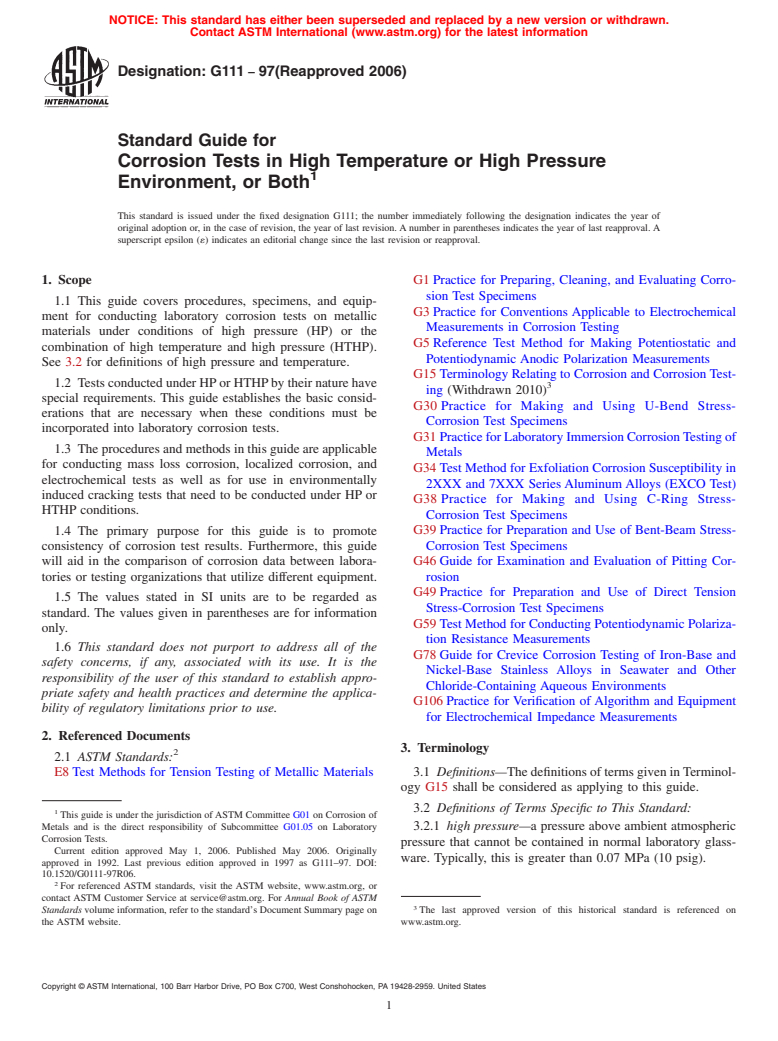 ASTM G111-97(2006) - Standard Guide for Corrosion Tests in High Temperature or High Pressure Environment, or Both