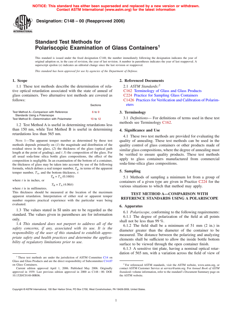 ASTM C148-00(2006) - Standard Test Methods for Polariscopic Examination of Glass Containers