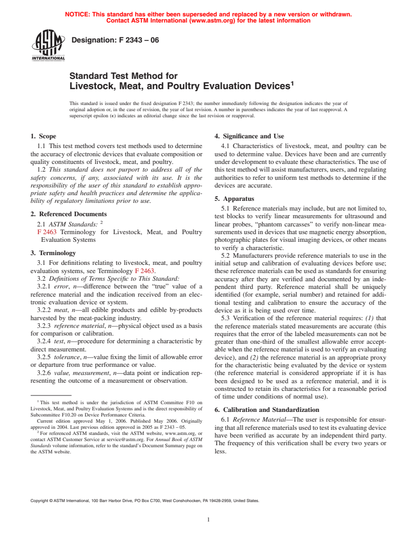 ASTM F2343-06 - Standard Test Method for Livestock, Meat, and Poultry Evaluation Devices