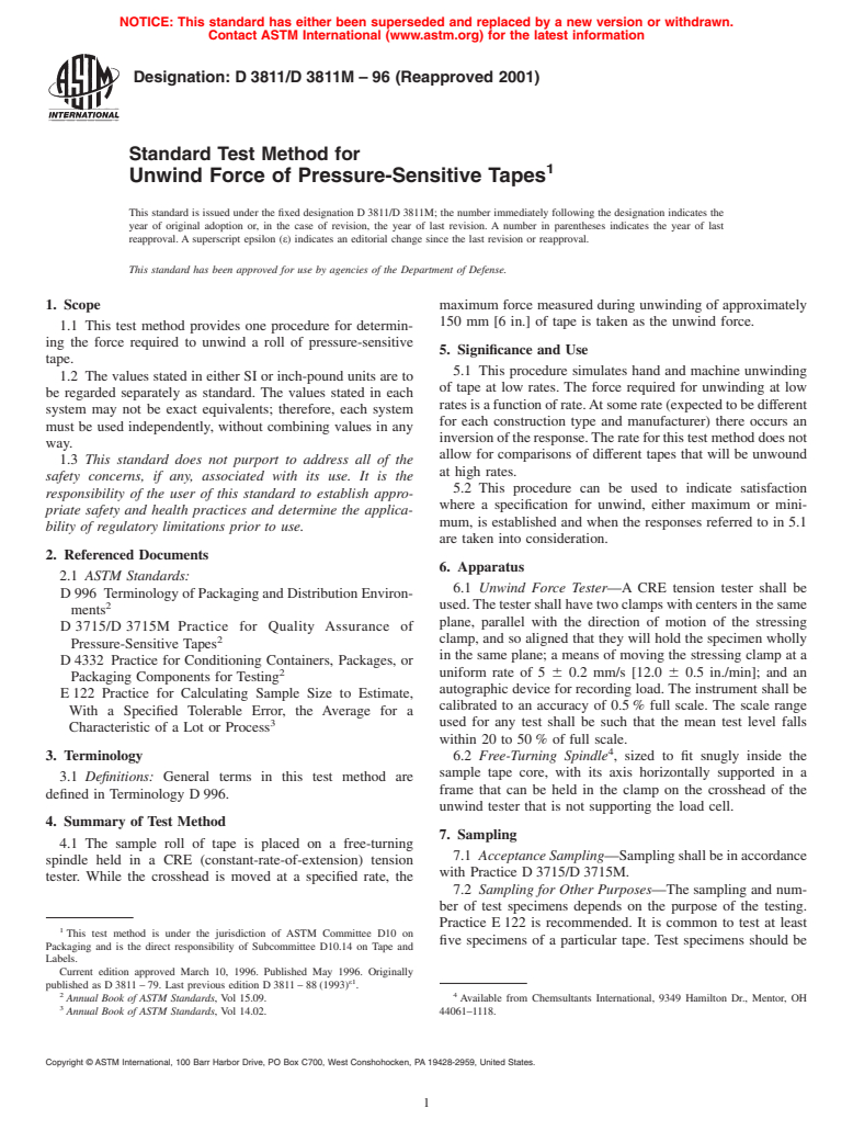 ASTM D3811/D3811M-96(2001) - Standard Test Method for Unwind Force of Pressure-Sensitive Tapes