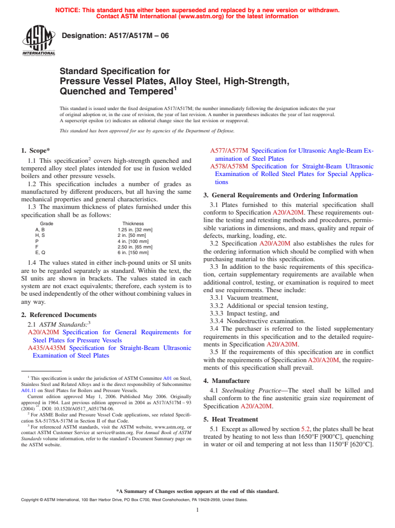 ASTM A517/A517M-06 - Standard Specification for Pressure Vessel Plates, Alloy Steel, High-Strength, Quenched and Tempered