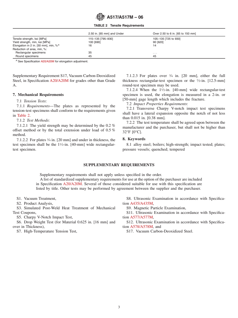 ASTM A517/A517M-06 - Standard Specification for Pressure Vessel Plates, Alloy Steel, High-Strength, Quenched and Tempered