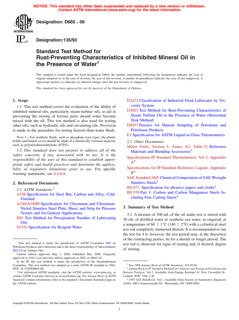 ASTM D665-06 - Standard Test Method for Rust-Preventing Characteristics of Inhibited Mineral Oil in the Presence of Water