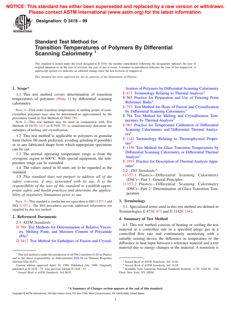 ASTM D3418-99 - Standard Test Method for Transition Temperatures of Polymers By Differential Scanning Calorimetry