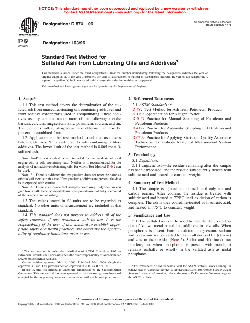 ASTM D874-06 - Standard Test Method for Sulfated Ash from Lubricating Oils and Additives