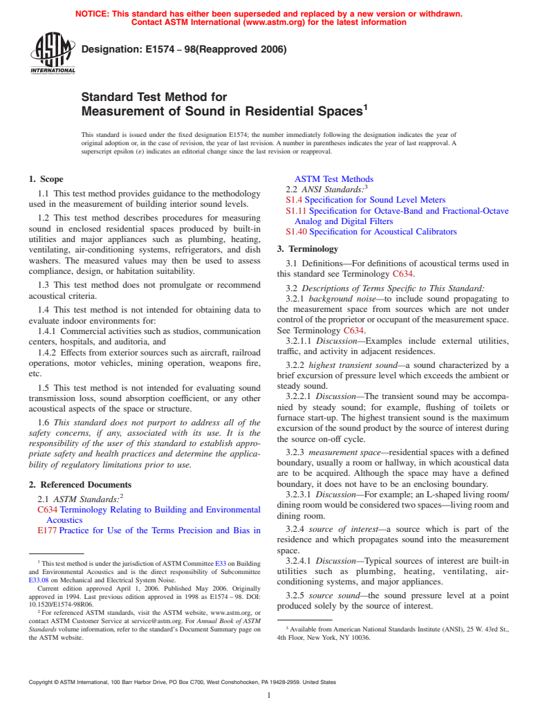 ASTM E1574-98(2006) - Standard Test Method for Measurement of Sound in Residential Spaces