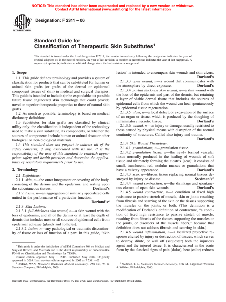 ASTM F2311-06 - Standard Guide for Classification of Therapeutic Skin Substitutes