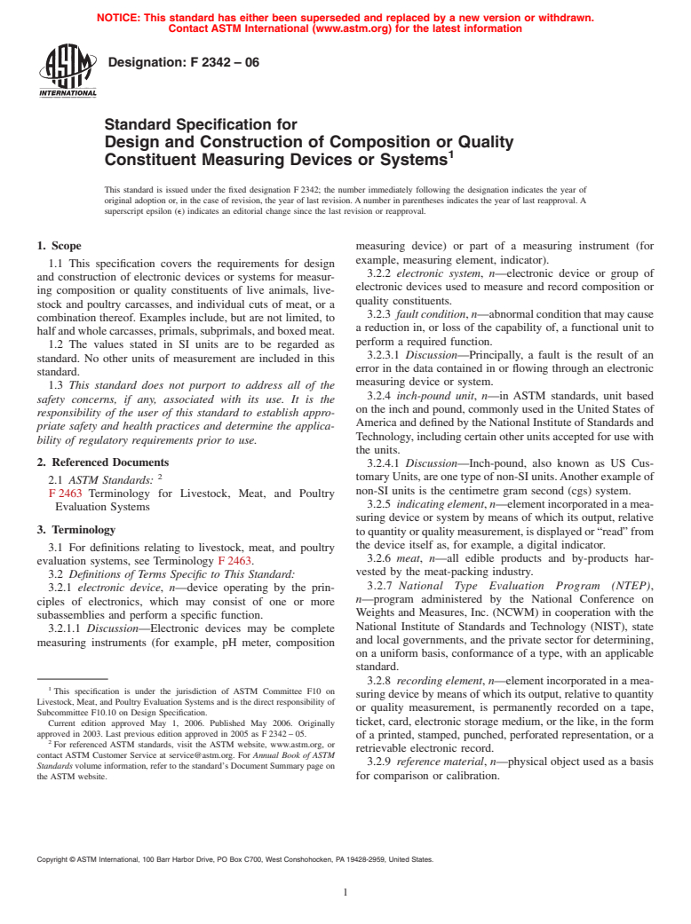 ASTM F2342-06 - Standard Specification for Design and Construction of Composition or Quality Constituent Measuring Devices or Systems