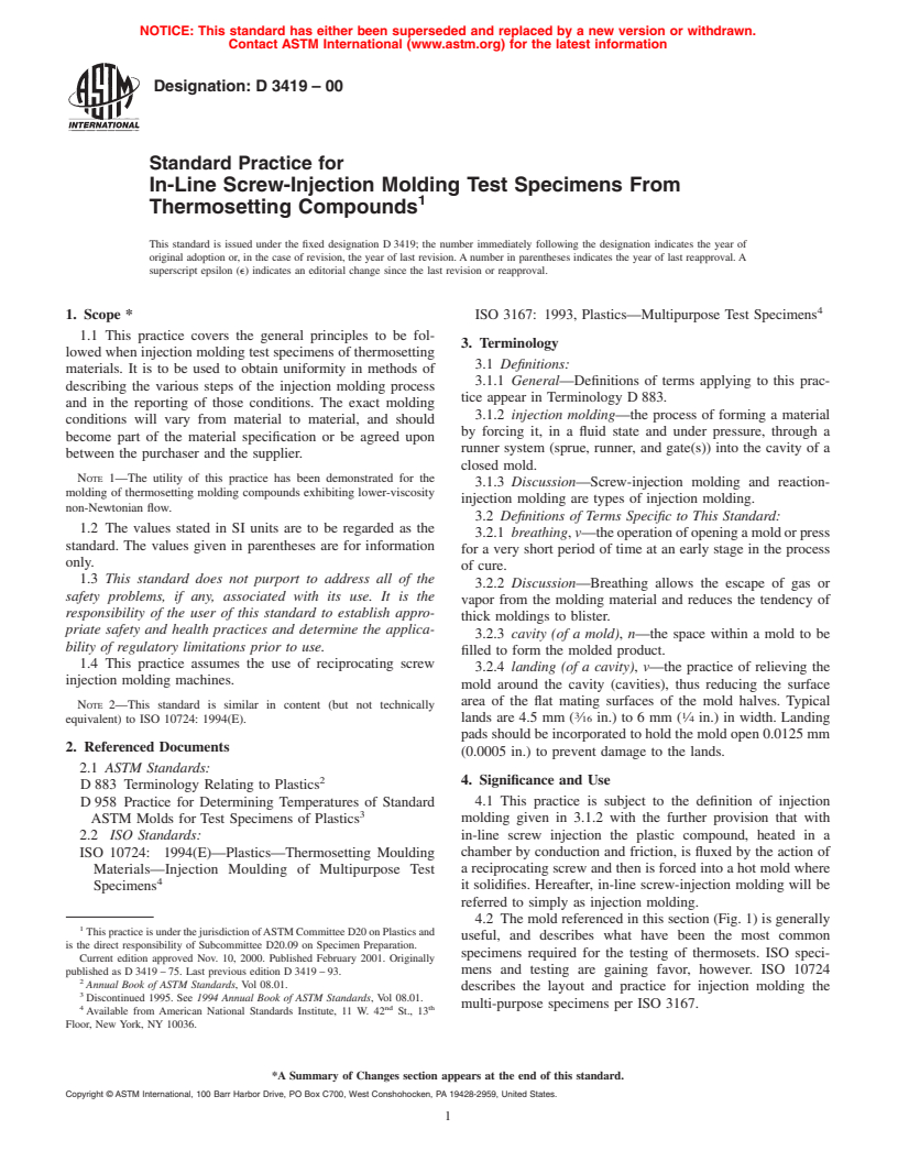 ASTM D3419-00 - Standard Practice for In-Line Screw-Injection Molding Test Specimens From Thermosetting Compounds