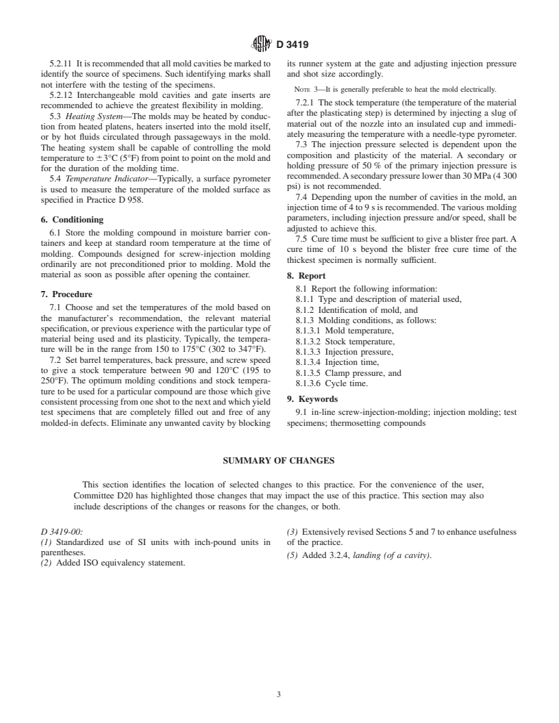 ASTM D3419-00 - Standard Practice for In-Line Screw-Injection Molding Test Specimens From Thermosetting Compounds