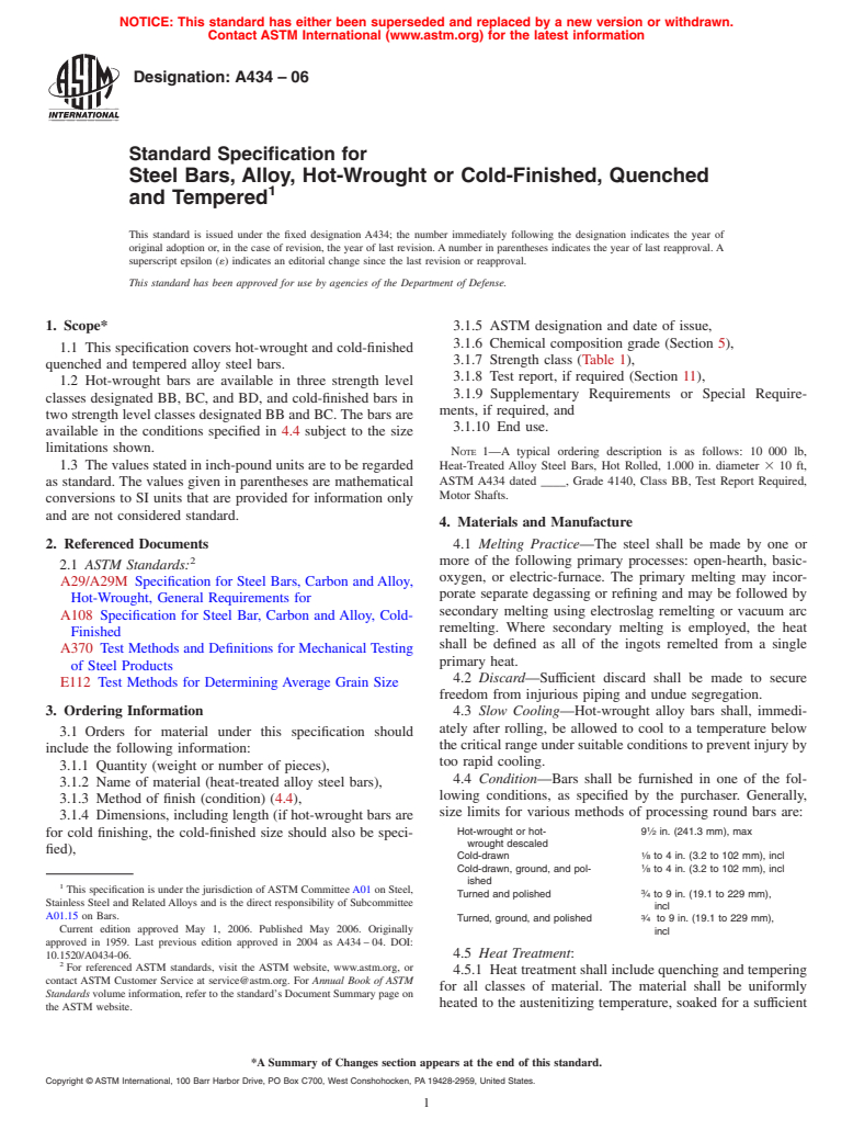ASTM A434-06 - Standard Specification for Steel Bars, Alloy, Hot-Wrought or Cold-Finished, Quenched and Tempered
