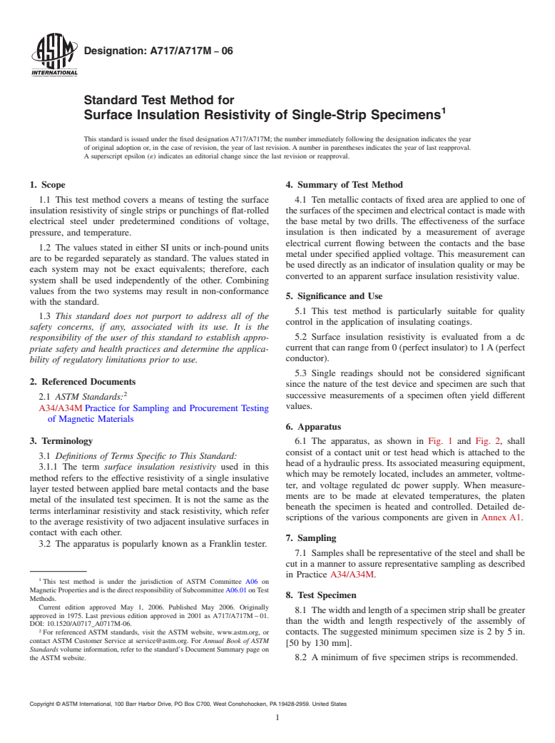 ASTM A717/A717M-06 - Standard Test Method for Surface Insulation Resistivity of Single-Strip Specimens