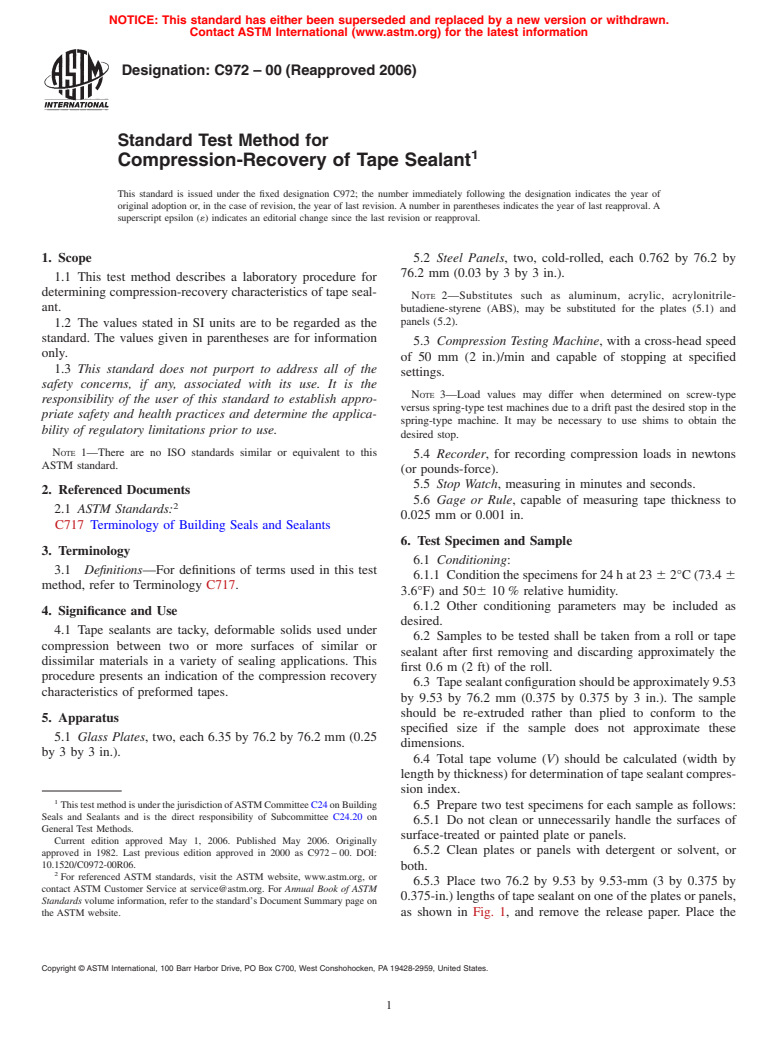 ASTM C972-00(2006) - Standard Test Method for Compression-Recovery of Tape Sealant