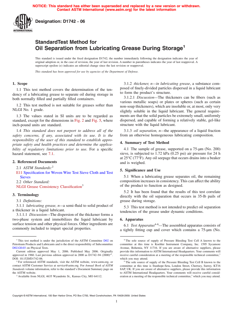 ASTM D1742-06 - Standard Test Method for Oil Separation from Lubricating Grease During Storage