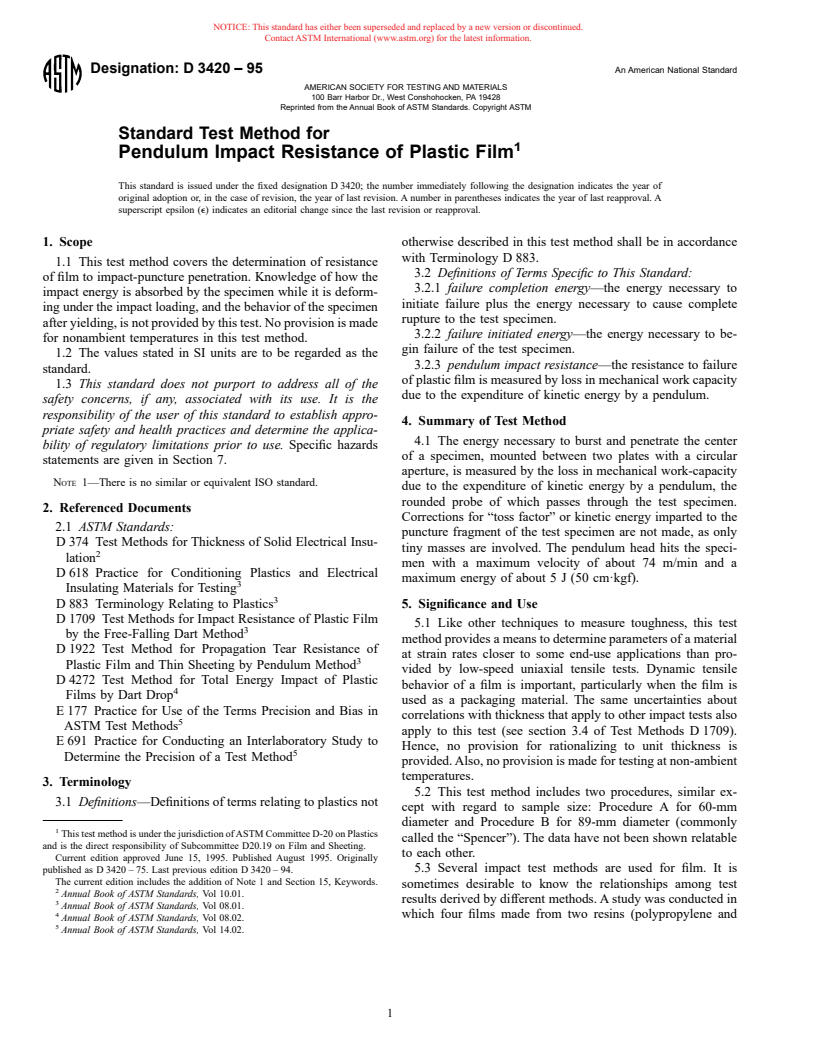 ASTM D3420-95 - Standard Test Method for Pendulum Impact Resistance of Plastic Film