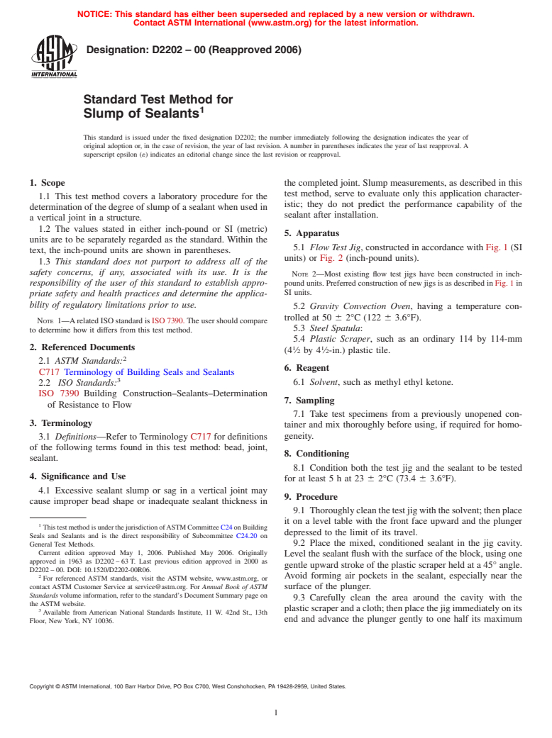 ASTM D2202-00(2006) - Standard Test Method for Slump of Sealants