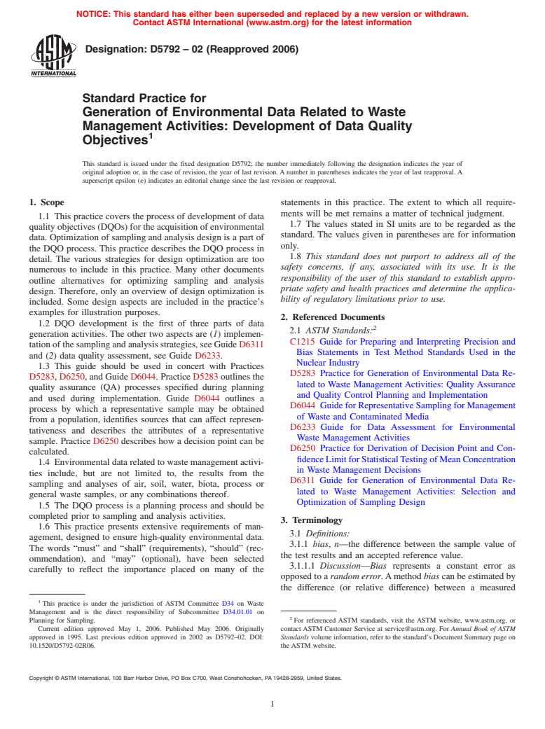 ASTM D5792-02(2006) - Standard Practice for Generation of Environmental Data Related to Waste Management Activities: Development of Data Quality Objectives