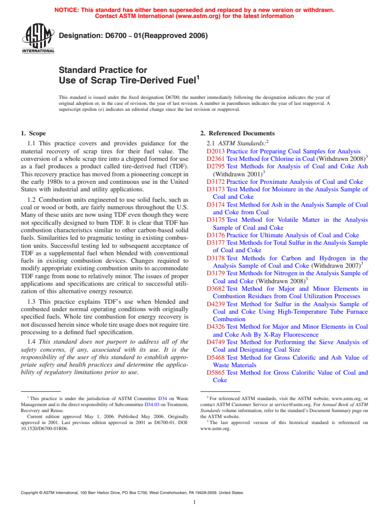 ASTM D6700-01(2006) - Standard Practice for Use of Scrap Tire-Derived Fuel