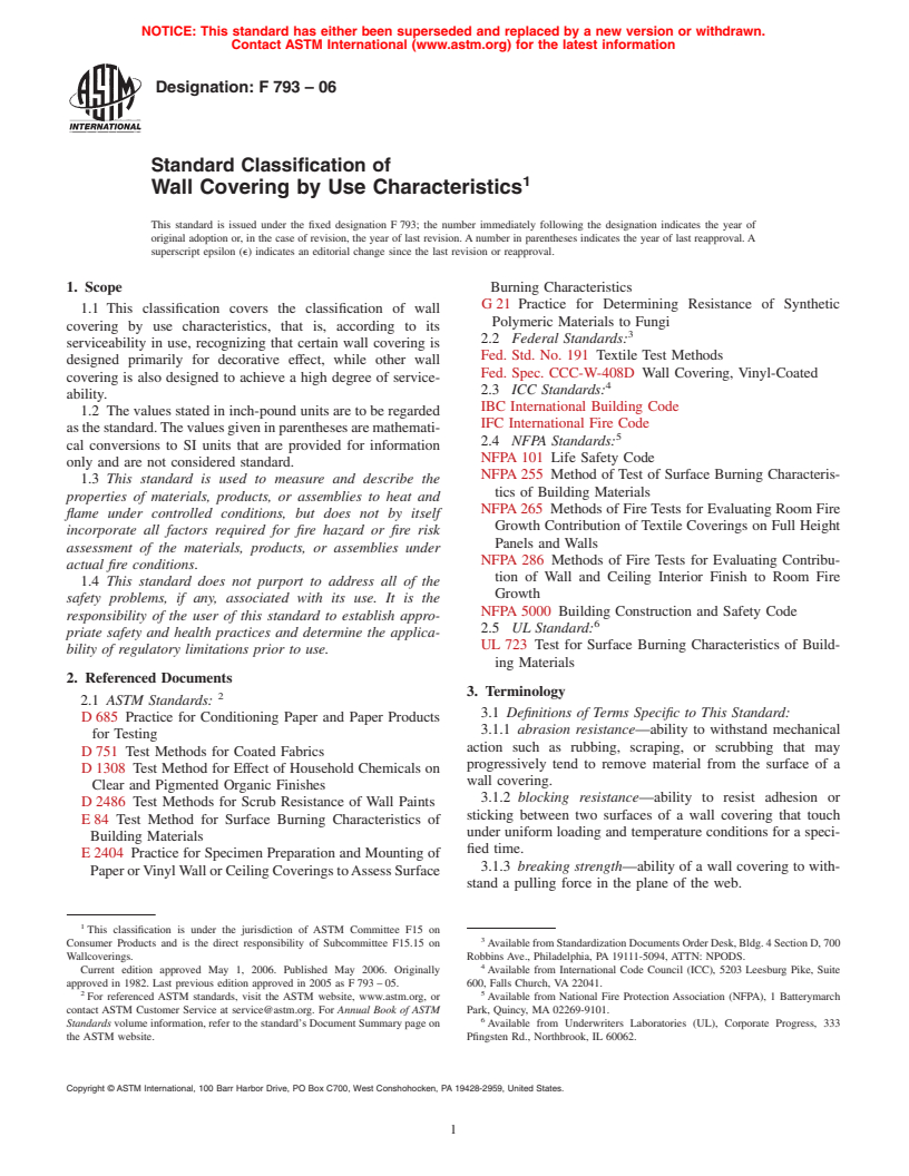 ASTM F793-06 - Standard Classification of Wall Covering by Use Characteristics