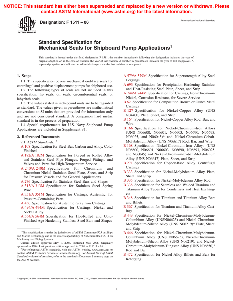 ASTM F1511-06 - Standard Specification for Mechanical Seals for Shipboard Pump Applications