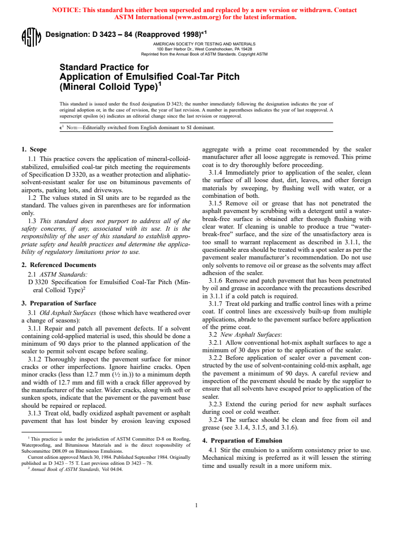 ASTM D3423-84(1998)e1 - Standard Practice for Application of Emulsified Coal-Tar Pitch (Mineral Colloid Type)