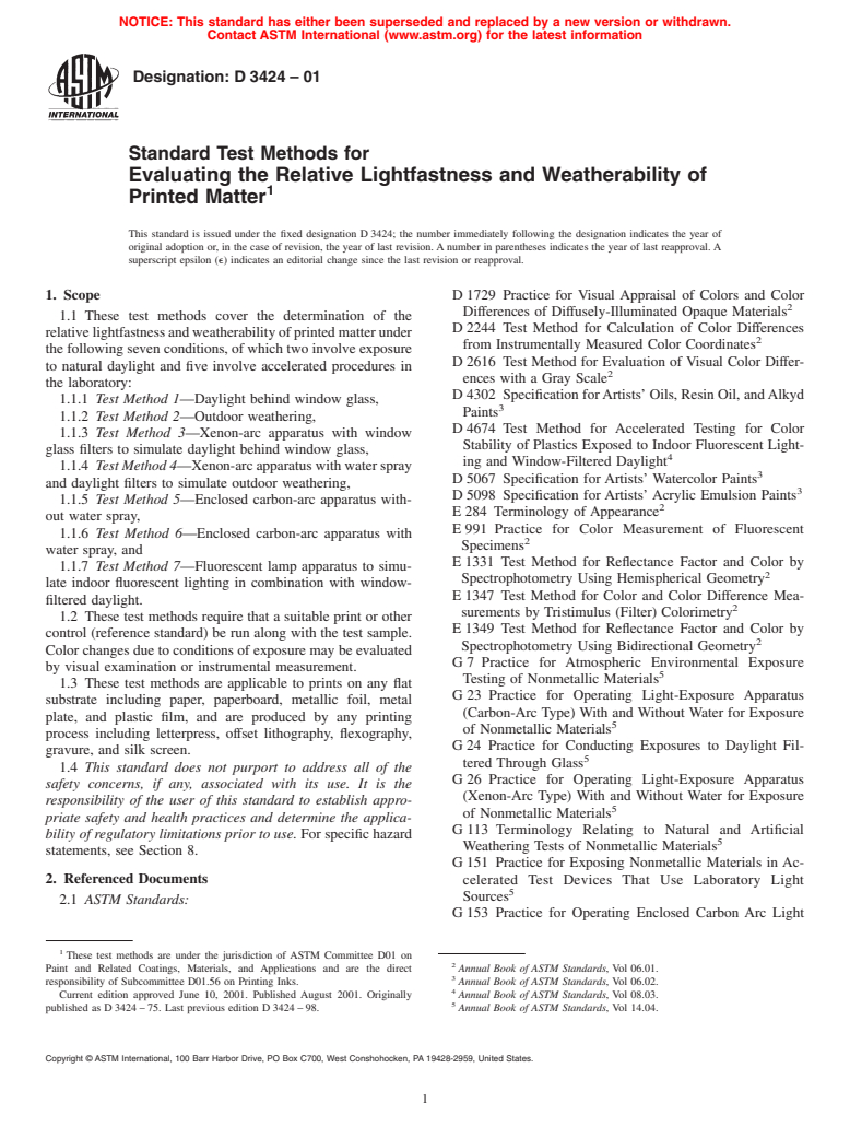 ASTM D3424-01 - Standard Test Methods for Evaluating the Relative Lightfastness and Weatherability of Printed Matter