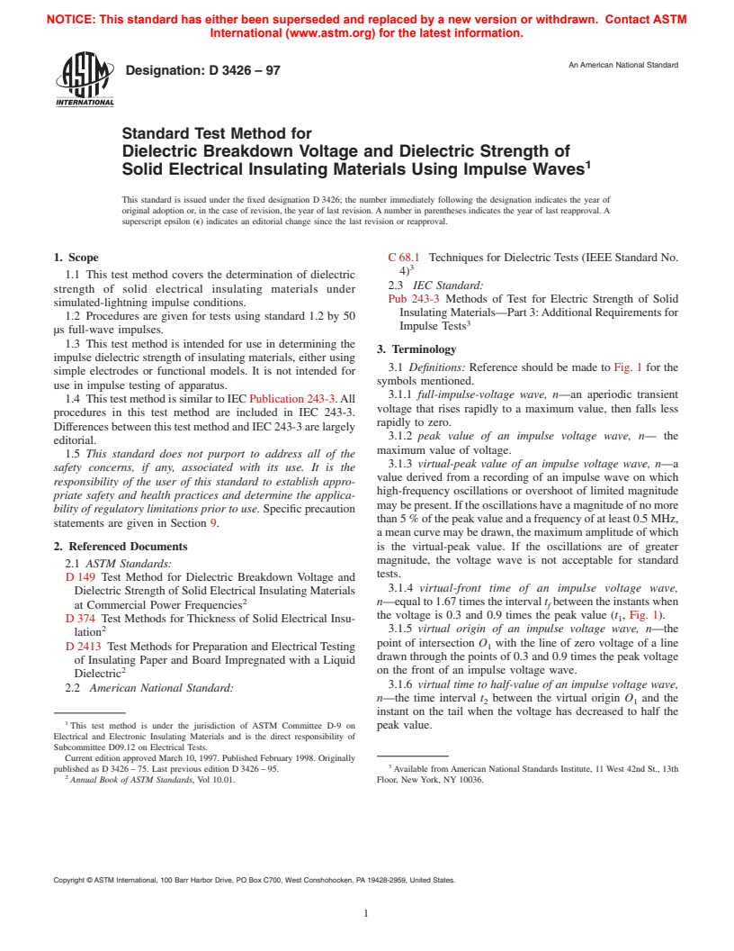 ASTM D3426-97 - Standard Test Method for Dielectric Breakdown Voltage and Dielectric Strength of Solid Electrical Insulating Materials Using Impulse Waves