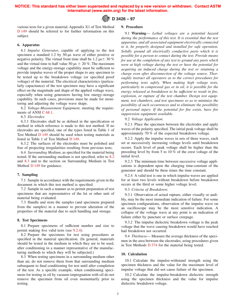 ASTM D3426-97 - Standard Test Method for Dielectric Breakdown Voltage and Dielectric Strength of Solid Electrical Insulating Materials Using Impulse Waves