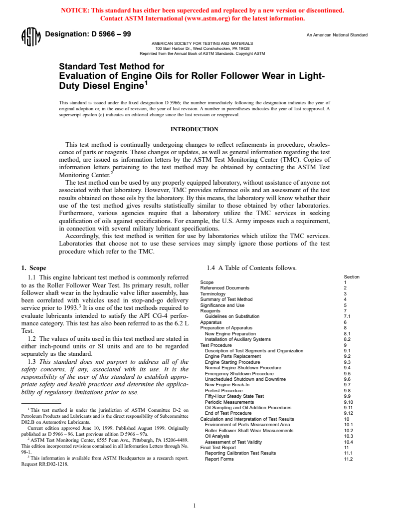 ASTM D5966-99 - Standard Test Method for Evaluation of Engine Oils for Roller Follower Wear in Light-Duty Diesel Engine