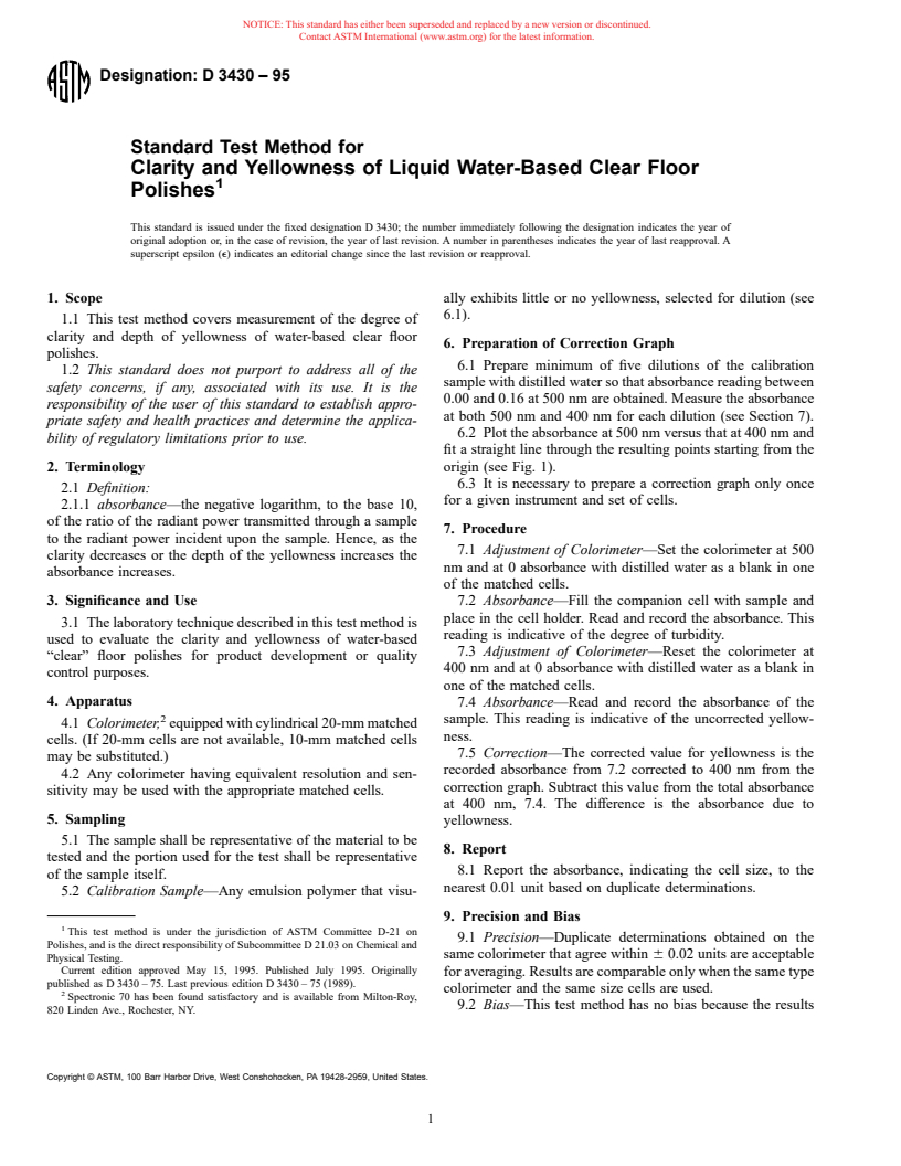 ASTM D3430-95 - Standard Test Method for Clarity and Yellowness of Liquid Water-Based Clear Floor Polishes