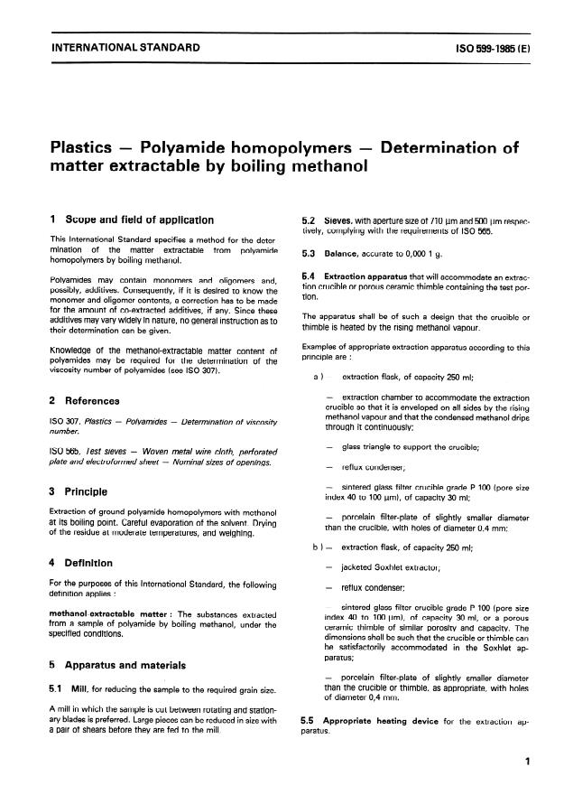 ISO 599:1985 - Plastics -- Polyamide homopolymers -- Determination of matter extractable by boiling methanol