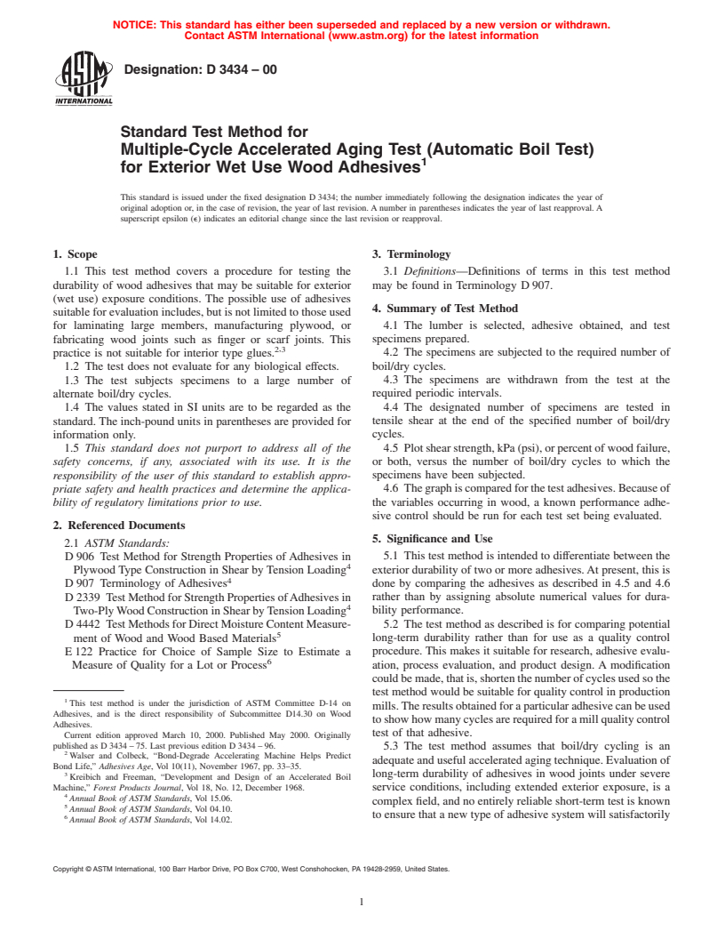 ASTM D3434-00 - Standard Test Method for Multiple-Cycle Accelerated Aging Test (Automatic Boil Test) for Exterior Wet Use Wood Adhesives