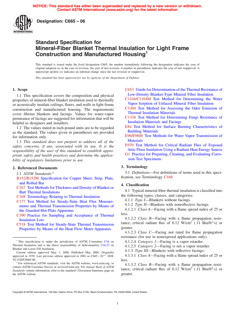 ASTM C665-06 - Standard Specification for Mineral-Fiber Blanket Thermal Insulation for Light Frame Construction and Manufactured Housing