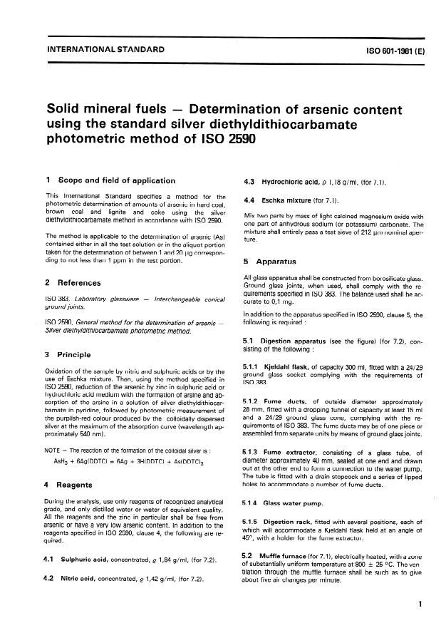 ISO 601:1981 - Solid mineral fuels -- Determination of arsenic content using the standard silver diethyldithiocarbamate photometric method of ISO 2590