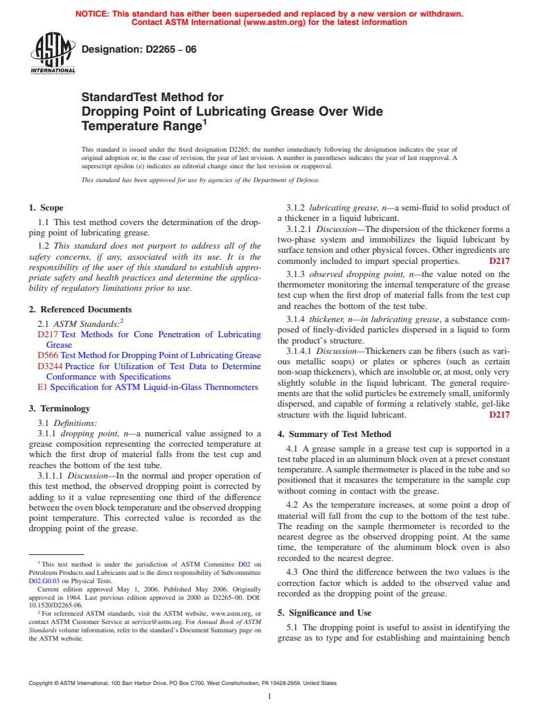 ASTM D2265-06 - Standard Test Method for Dropping Point of Lubricating Grease Over Wide Temperature Range