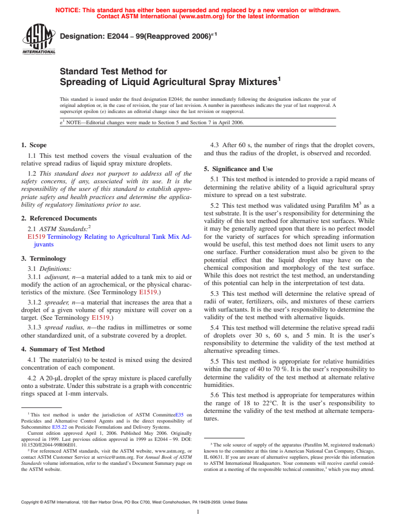 ASTM E2044-99(2006)e1 - Standard Test Method for Spreading of Liquid Agricultural Spray Mixtures