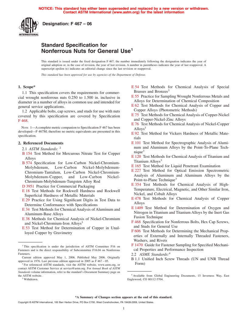 ASTM F467-06 - Standard Specification for Nonferrous Nuts for General Use