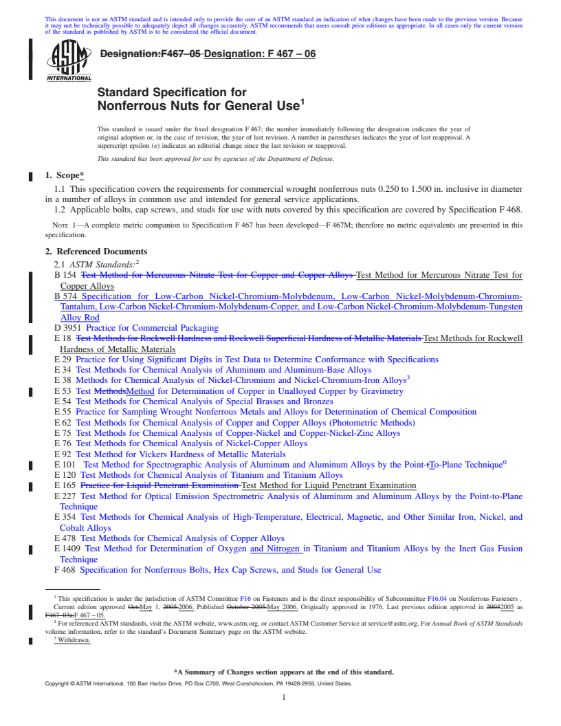 REDLINE ASTM F467-06 - Standard Specification for Nonferrous Nuts for General Use