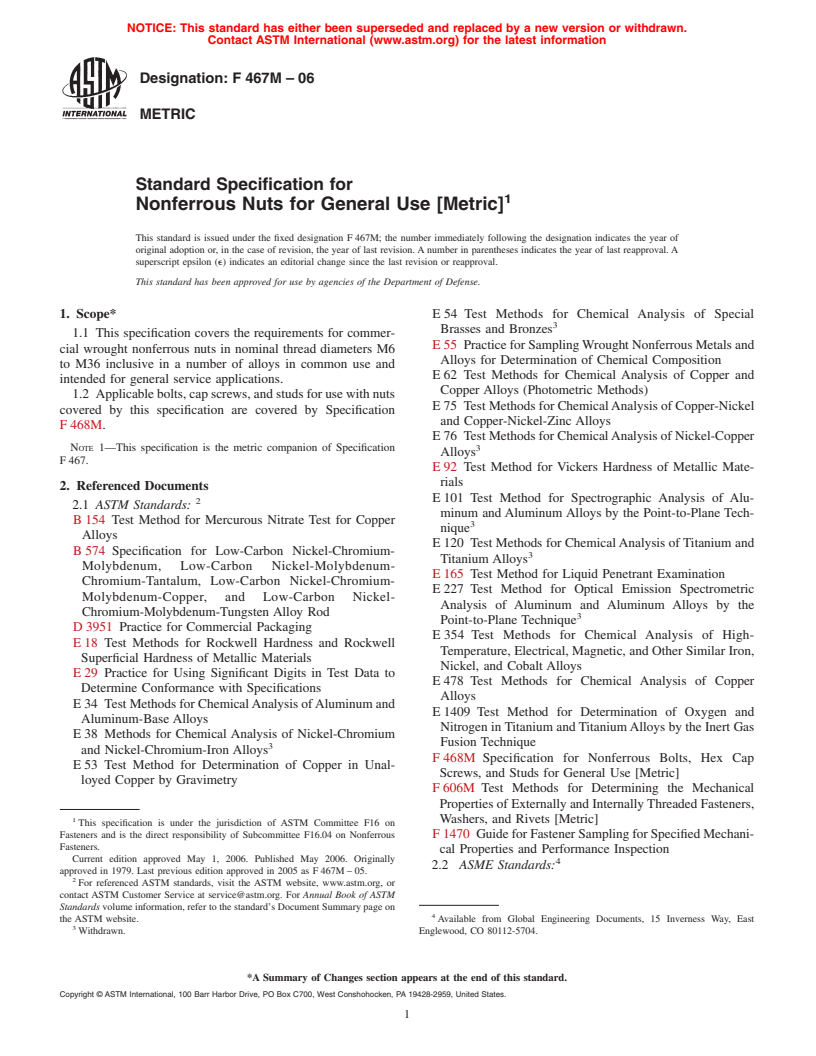 ASTM F467M-06 - Standard Specification for Nonferrous Nuts for General Use [Metric]