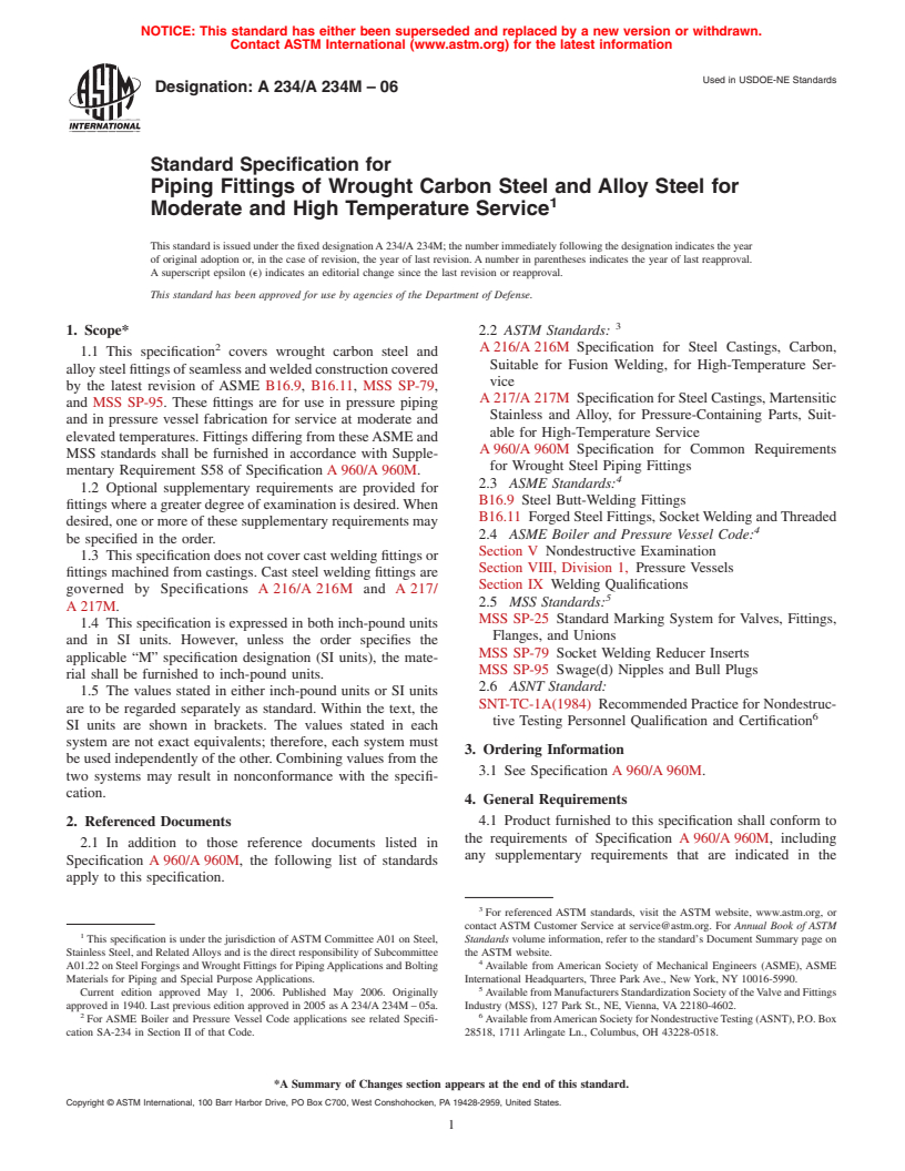 ASTM A234/A234M-06 - Standard Specification for Piping Fittings of Wrought Carbon Steel and Alloy Steel for Moderate and High Temperature Service