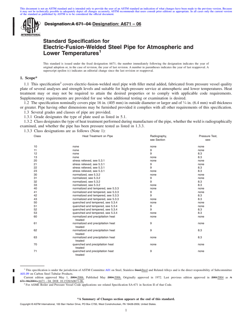 REDLINE ASTM A671-06 - Standard Specification for Electric-Fusion-Welded Steel Pipe for Atmospheric and Lower Temperatures