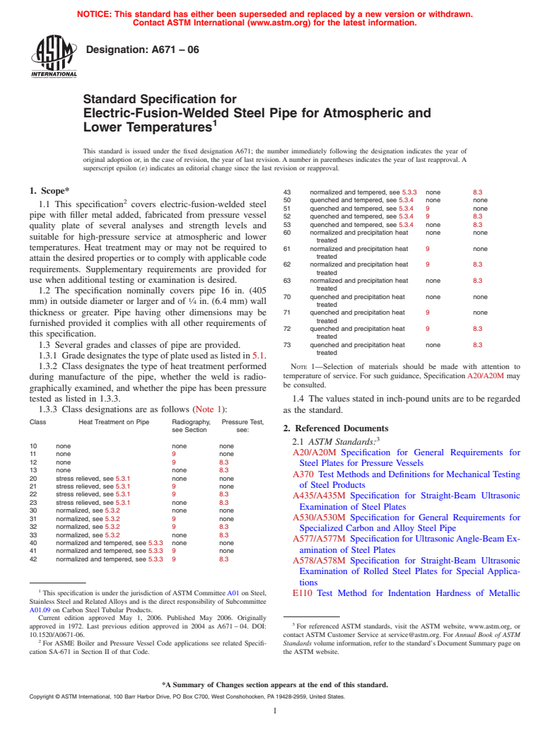 ASTM A671-06 - Standard Specification for Electric-Fusion-Welded Steel Pipe for Atmospheric and Lower Temperatures